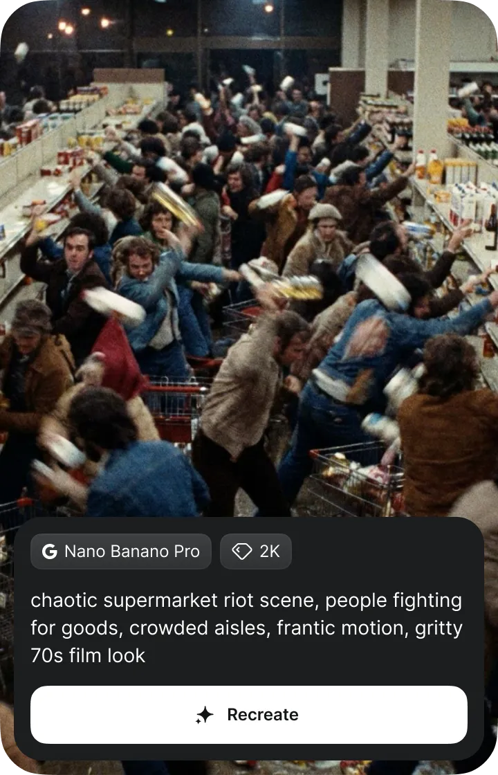 chaotic supermarket riot scene, people fighting for goods, crowded aisles, frantic motion, gritty 70s film look
